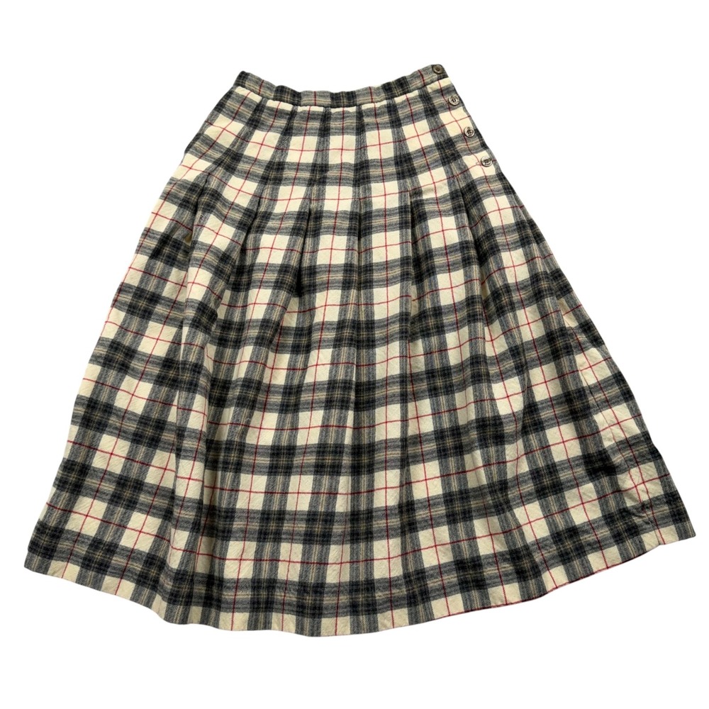 L.L. Bean Plaid Skirt Womens 8 Cream Wool Blend Vintage Pleated Midi Made in USA